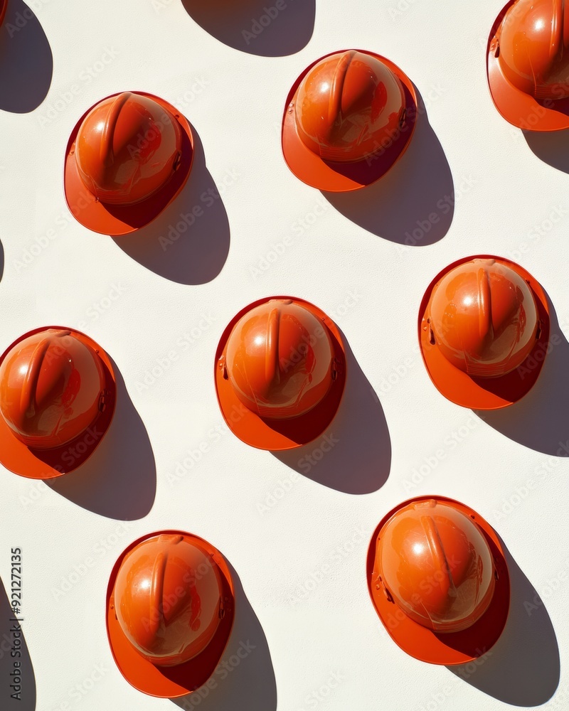 Poster vibrant red fireman helmets pattern on white background in sunny day - clean, repetitive design with