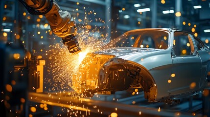 Fototapeta premium Robotic Welding Precision Illuminates Automotive Body Fabrication Process