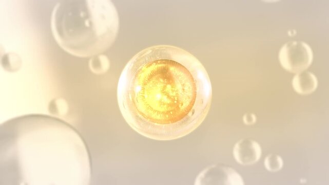 3D animation Cosmetics many atoms floating in droplets. Collagen bubbles Design. Moisturizing Cream and Serum Concept. Vitamin for health care and beauty concept