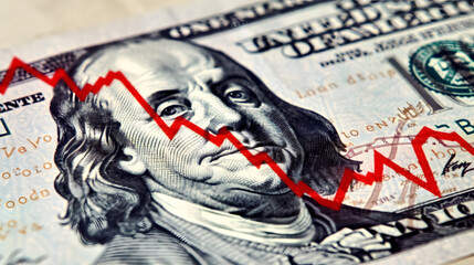 Benjamin Franklin�s face on a USD banknote, accompanied by a red, declining stock market 