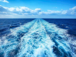 Waves, foam and wake caused by cruise ship in the sea. Atlantic ocean with blue water on a sunny day.