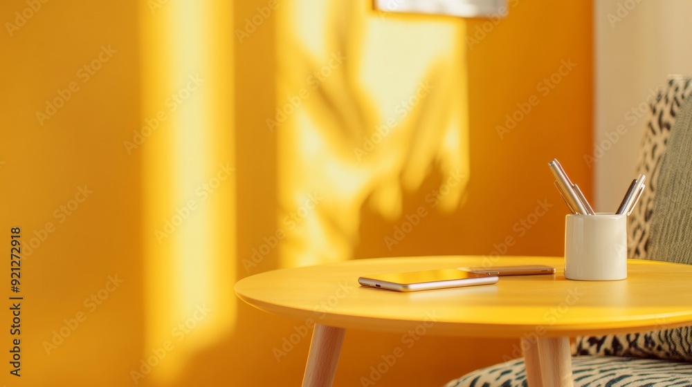 Poster serenity in the classroom tranquil yellow stucco table with notebooks and pencil holder in a peacefu