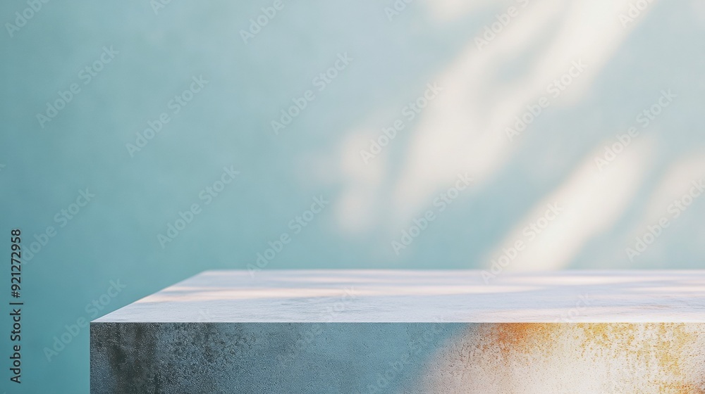 Poster minimalist calm pastel blue stucco surface table with tranquil field bokeh background - natural soft