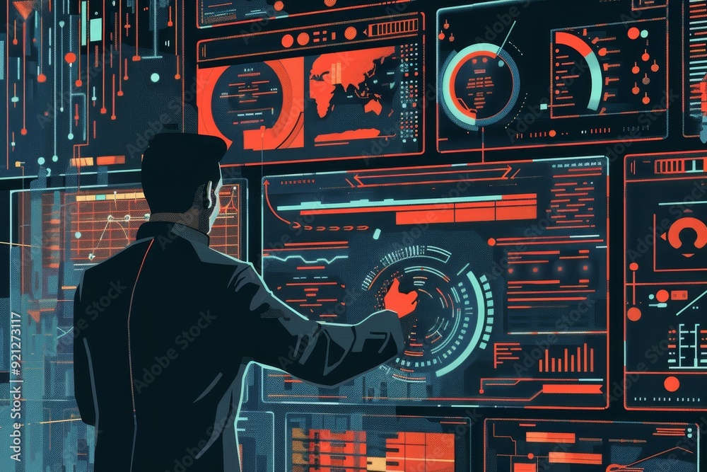 Poster a man in a suit standing in front of a computer screen, engaged in data analysis and masking sensiti