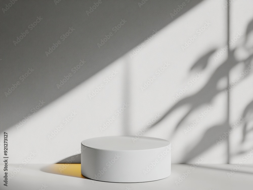 Poster Minimalist White Cylindrical Podium in Gentle Diffused Natural Light with Soft Shadows in Monochromatic Modern Setting