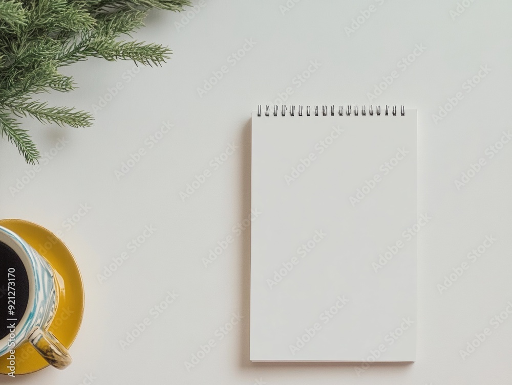 Aufkleber Minimalist Study Setup with Empty White Notebook on Wooden Desk in Serene Morning Light, Featuring Patterned Rug and Comfy Workspace