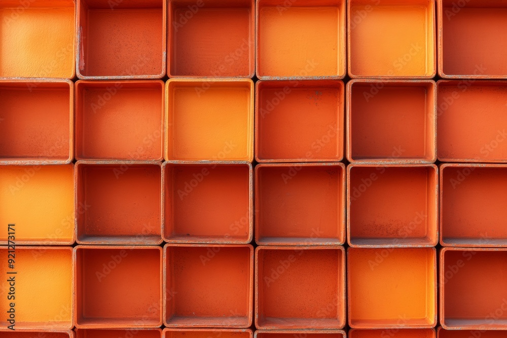 Poster Aerial View of Bright Orange Notebooks Creating Symmetrical Geometric Pattern - Soft Natural Lighting Enhances Texture and Depth