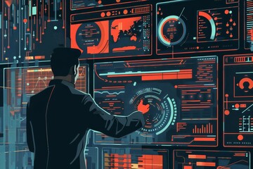 A man in a suit standing in front of a computer screen, engaged in data analysis and masking sensitive information, Illustrating the process of data masking to conceal sensitive information