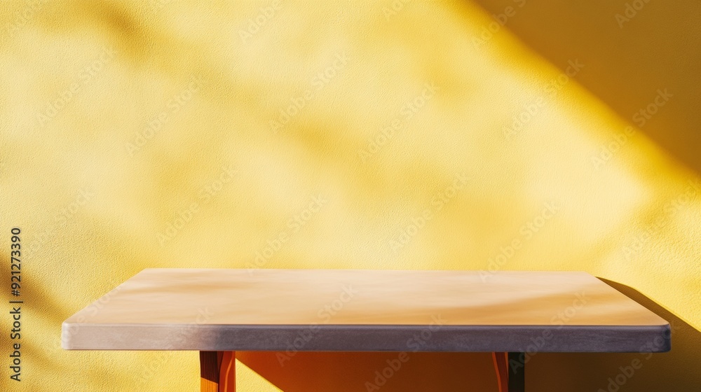 Poster tranquil yellow stucco table with retro room bokeh effect, soft natural lighting, serene atmosphere,