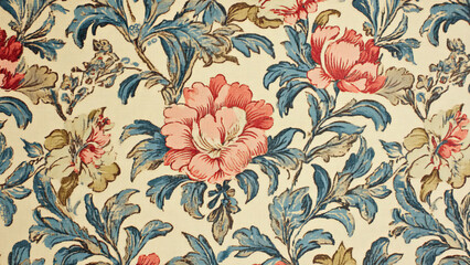 A vibrant French textile pattern featuring blooming flowers on a rich red background, capturing vintage elegance.