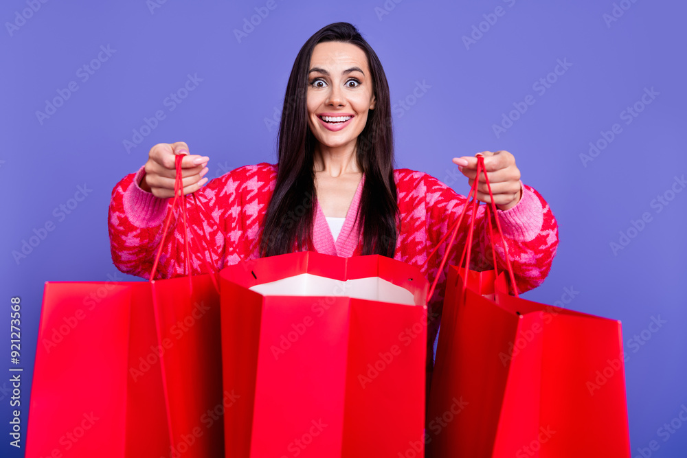 Wall mural photo of cheerful excited lady dressed pink cardigan open bargains empty space isolated violet color