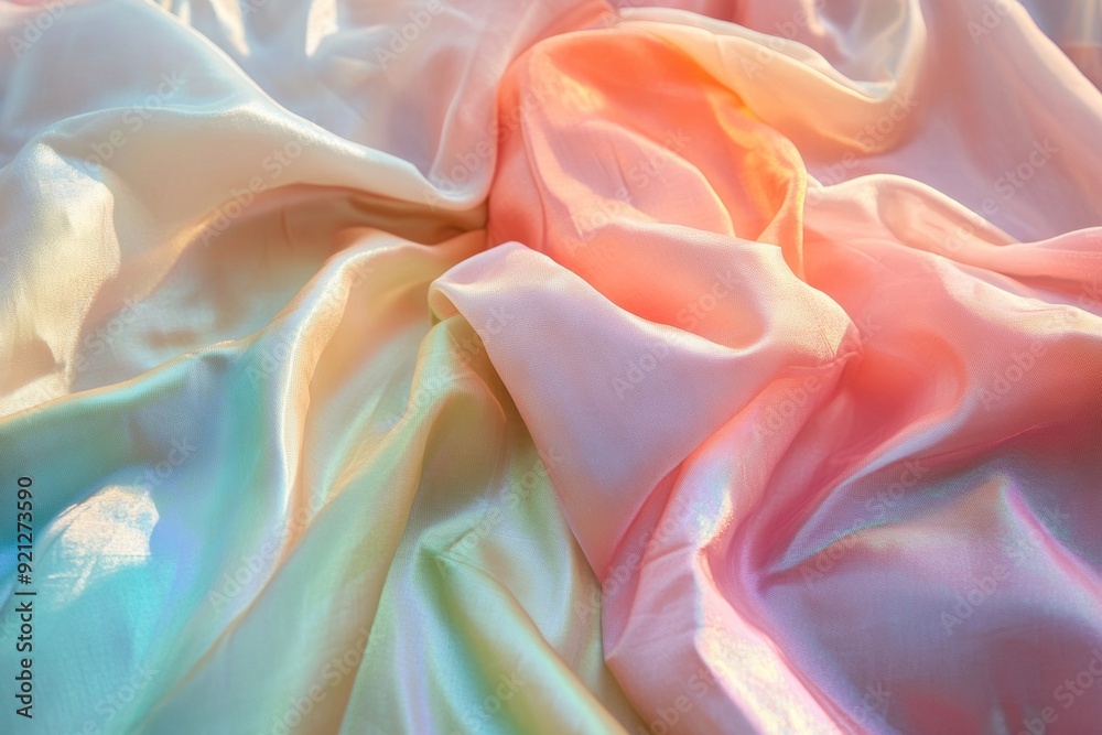 Poster Aerial View of Symmetrical Pattern of Vibrant Iridescent Fabrics with Soft Natural Lighting Creating Intricate Geometric Designs and Textured Backgrounds