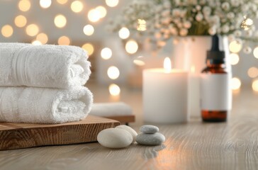 Spa Essentials With Candles and Stones on Wooden Surface in Cozy Setting