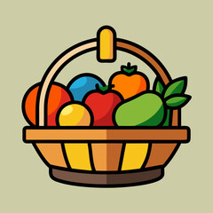 rustic basket with a handle full of colorful vector illustration