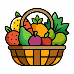 rustic basket with a handle full of colorful vector illustration