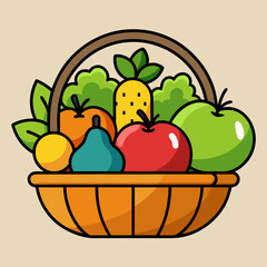 rustic basket with a handle full of colorful vector illustration