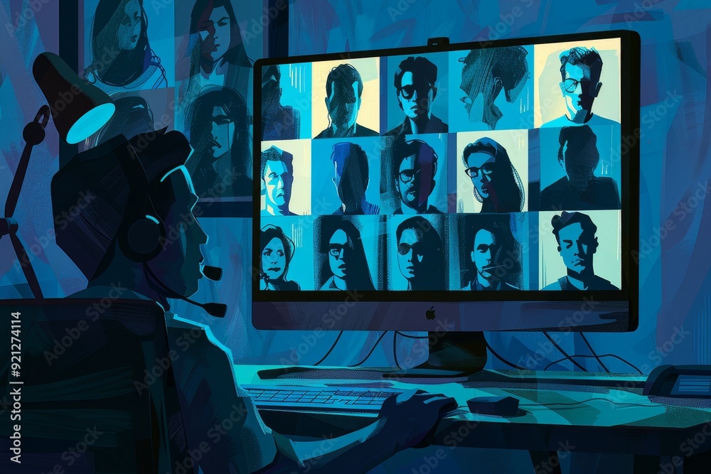 Poster a man is sitting at a computer with many people on the screen in virtual meetings, illustration of a