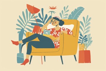 Fototapeta premium A woman sitting in a chair, engrossed in reading a book, Illustrations of the importance of rest and self-care in maintaining a healthy work-life balance