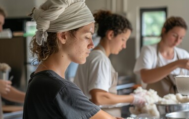 Diverse Students Preparing Traditional Dishes in Shared Kitchen, Focus on Cultural Exchange and Richness of Diversity, Daytime, Positive Mood