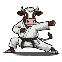 A playful and fun illustration of a cow performing karate