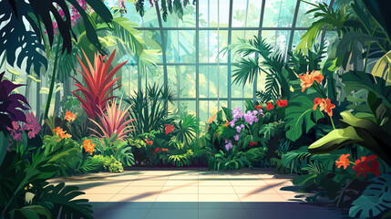 Vibrant Tropical Greenhouse Brimming with Exotic Plants — Playful Cartoon Illustration Ideal for Children's Books