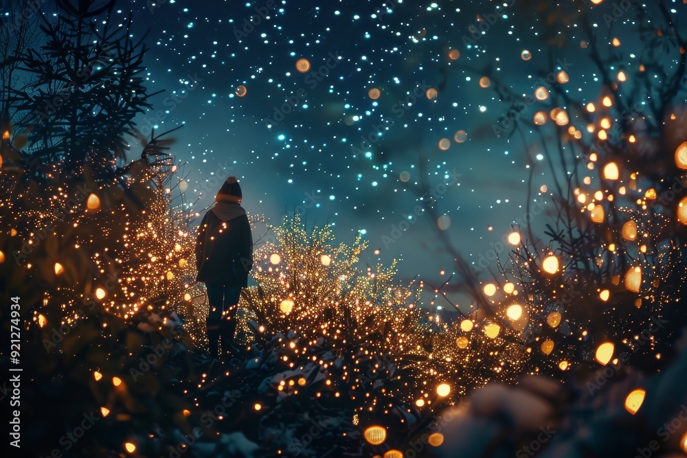 Wall mural A person is walking through a dark forest illuminated by moonlight and fairy lights, Imagine a fantastical world where fairy lights create a mesmerizing constellation in the night sky