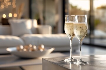 two glasses champagne sitting table lounging expensive sofa frosted see peaceful mood terraces pearls hot shining sun open house magazine relaxing