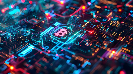 Fototapeta premium Abstract 3D Render of a Futuristic Circuit Board with a Bitcoin Symbol