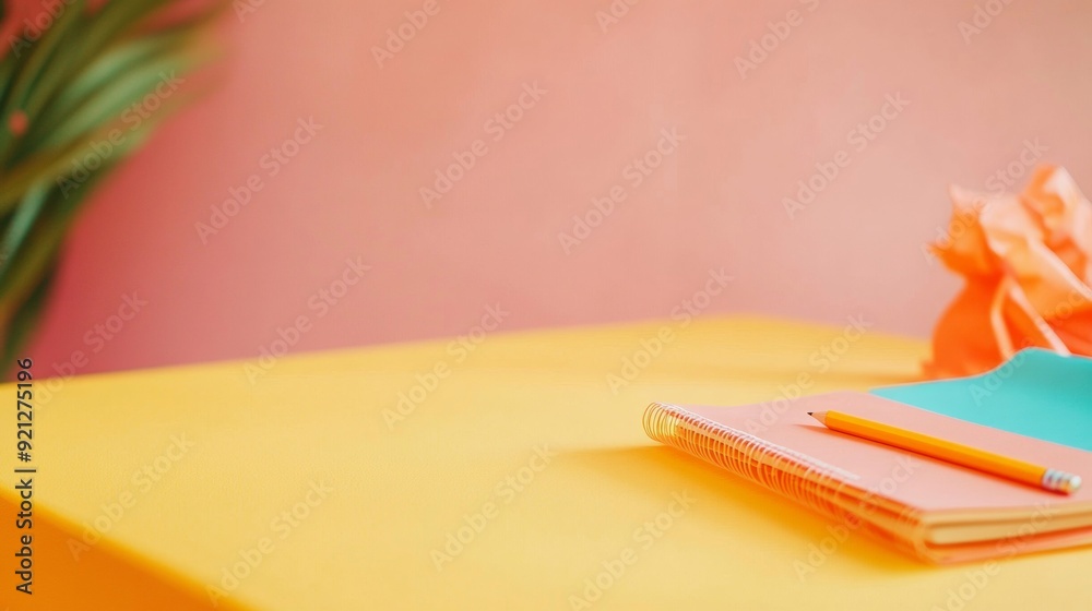 Poster soft focus back-to-school display on yellow stucco table surface with notebooks and pencil in serene