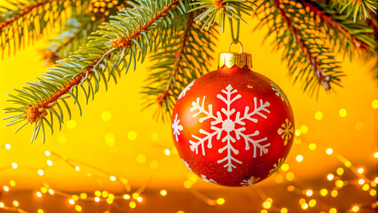 Сharming christmas ornament hanging from a pine branch with a warm festive glow against vibrant yellow background, perfect for holiday cards and seasonal decor