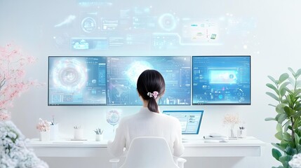 A home office setup with a person using productivity software on multiple screens, showcasing remote schedule management and digital tools