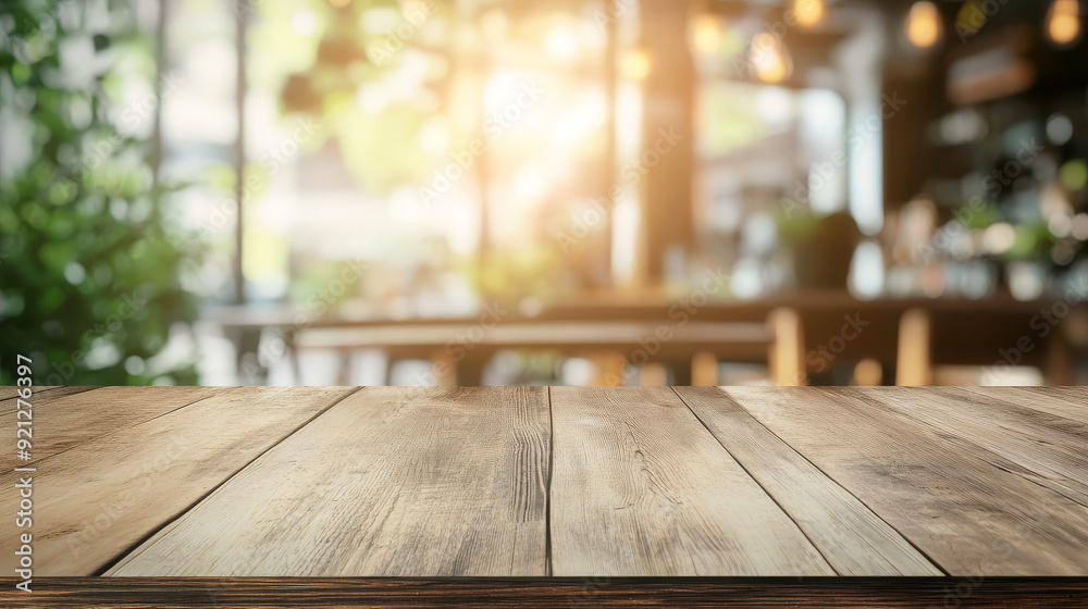 Wall mural an empty wooden table with a blurred interior of a coffee shop, restaurant, or café in the backgroun