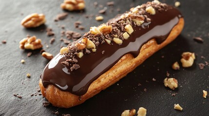 A rich chocolate eclair with a glossy chocolate glaze, placed on a dark charcoal concrete surface, with a sprinkling of chopped nuts for texture