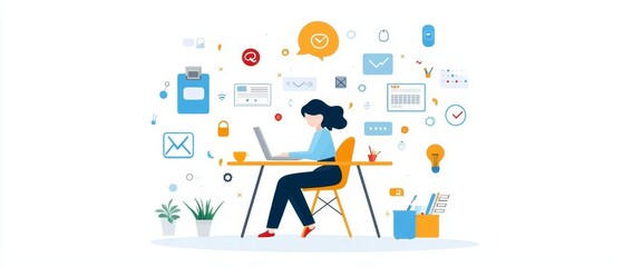 A remote worker adjusting their schedule on a laptop, surrounded by digital tools and apps for productive online work