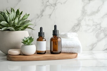 A beautifully arranged bathroom counter features organic skincare products alongside soft towels and decorative plants, creating a serene, inviting atmosphere