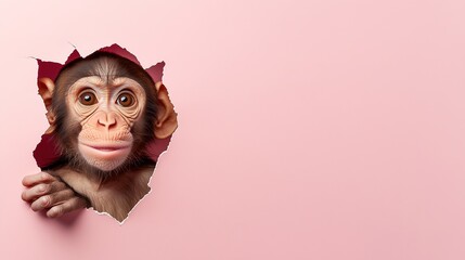 Obraz premium A little monkey curiously peeks through the pink paper with copy space image.