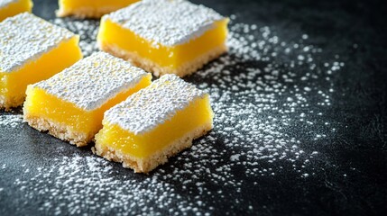 A set of bright yellow lemon bars with a dusting of powdered sugar, sitting on a dark charcoal concrete background, the bright yellow contrasting sharply with the dark surface