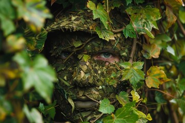 A man wearing camouflage hides behind dense ivy foliage, Imagine a hunter using camouflage to blend into their surroundings