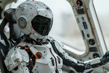 Fototapeta premium Robot modern digital control of the cabin of a passenger jet airliner, aviation of the future aerospace. The concept of eliminating the human factor, fatigue, distracted attention, errors