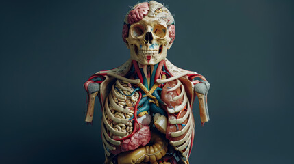 Fototapeta premium A skeleton with a red and blue arm is sitting on a table. The skeleton is made of plastic and has a realistic appearance