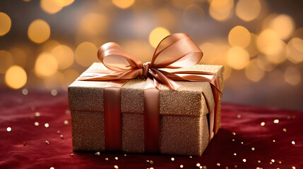 Embellished Gift Wrapped in Shiny Paper with Textured Background and Delicate Ribbon