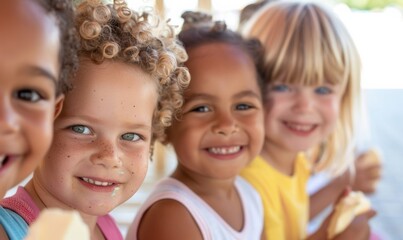 Fototapeta premium Happy Children of Various Ethnicities Enjoying Healthy Snacks on School Playground - Positive Back to School Afternoon