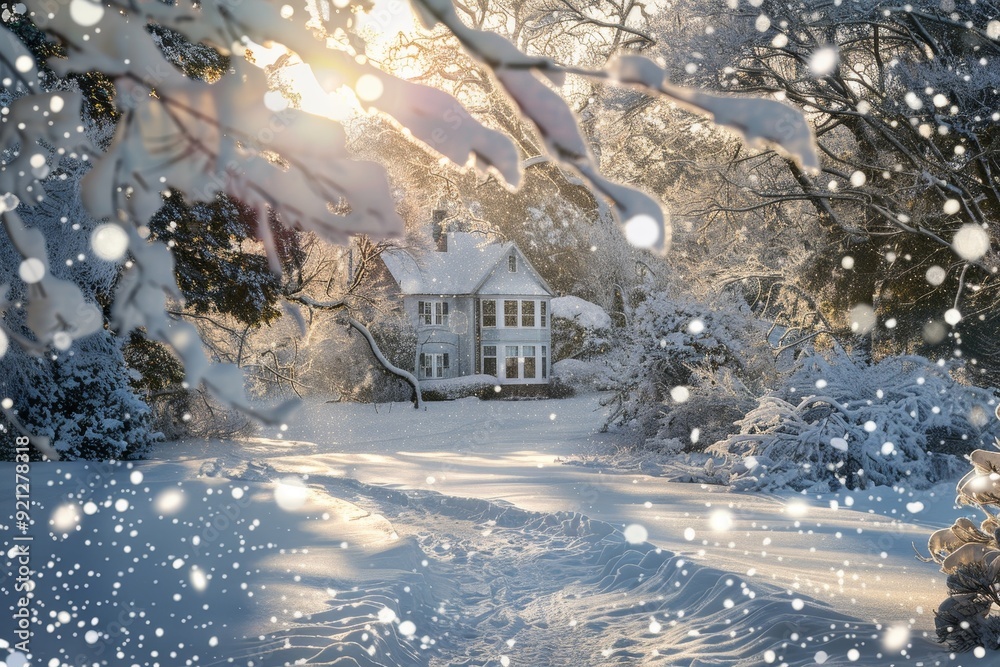 Sticker Snowy Scene With House in Background, Imagine a magical winter wonderland where snowflakes swirl around in celebration of Boxing Day