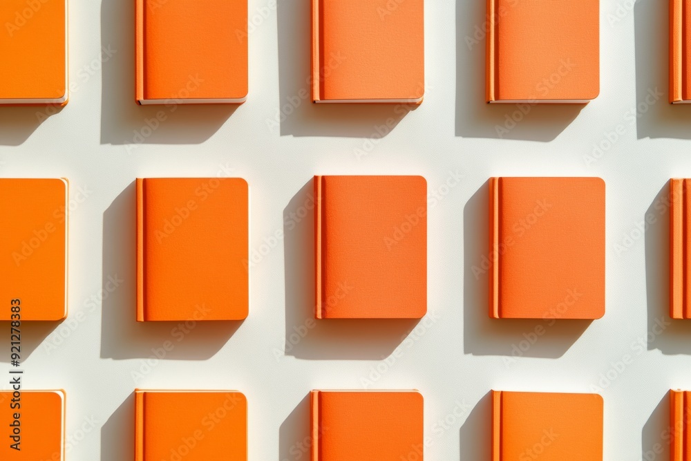 Poster Bright Orange Notebooks on Soft White Background in Repetitive Graphy Pattern Evoking Crisp Sunny Day