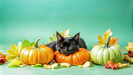 Black Cat Resting on Pumpkins Against a Green Background: A Serene Autumn Scene, Suitable for Fall-Themed Marketing Materials, Social Media Content, Holiday Cards.