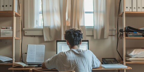 Asian Male College Student Studying in Organized Dorm Room with Laptop and Textbooks, Daytime, Focused Atmosphere