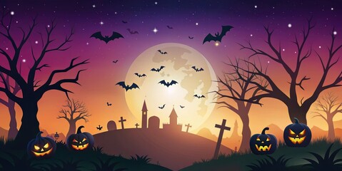 Halloween night background showing scary pumpkins flying bats and full moon