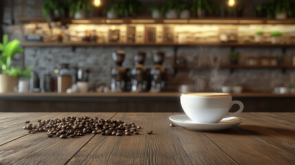 A hot coffee cup sits on a wooden table, surrounded by coffee beans. In the background, the warm and inviting ambiance of a coffee shop is visible, with ample copy space to the side.
