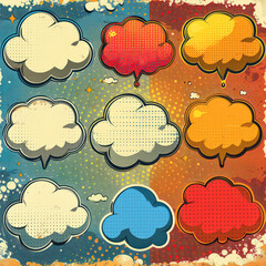 Fototapeta premium A drawing of clouds with red balloons that are floating in the sky. The balloons are shaped like speech bubbles and are scattered throughout the sky. Scene is playful and whimsical