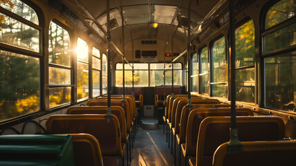 The inside of an empty school bus on a fall morning before the first day of school as the sun glints in through the window.